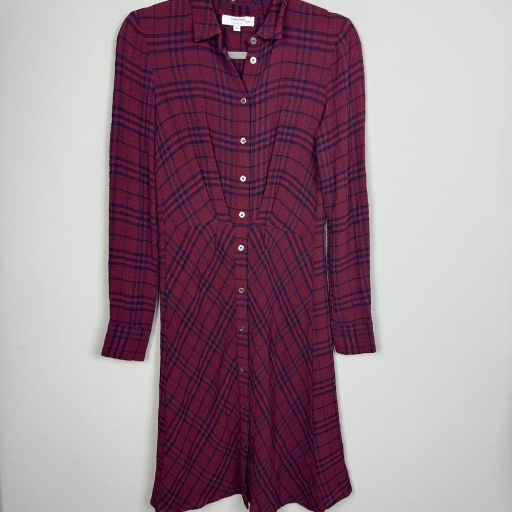 THAKOON COLLECTIVE | Plaid Burgundy & Navy Blue Crepe Shirt Dress Women’s Size 0 - Picture 6 of 14